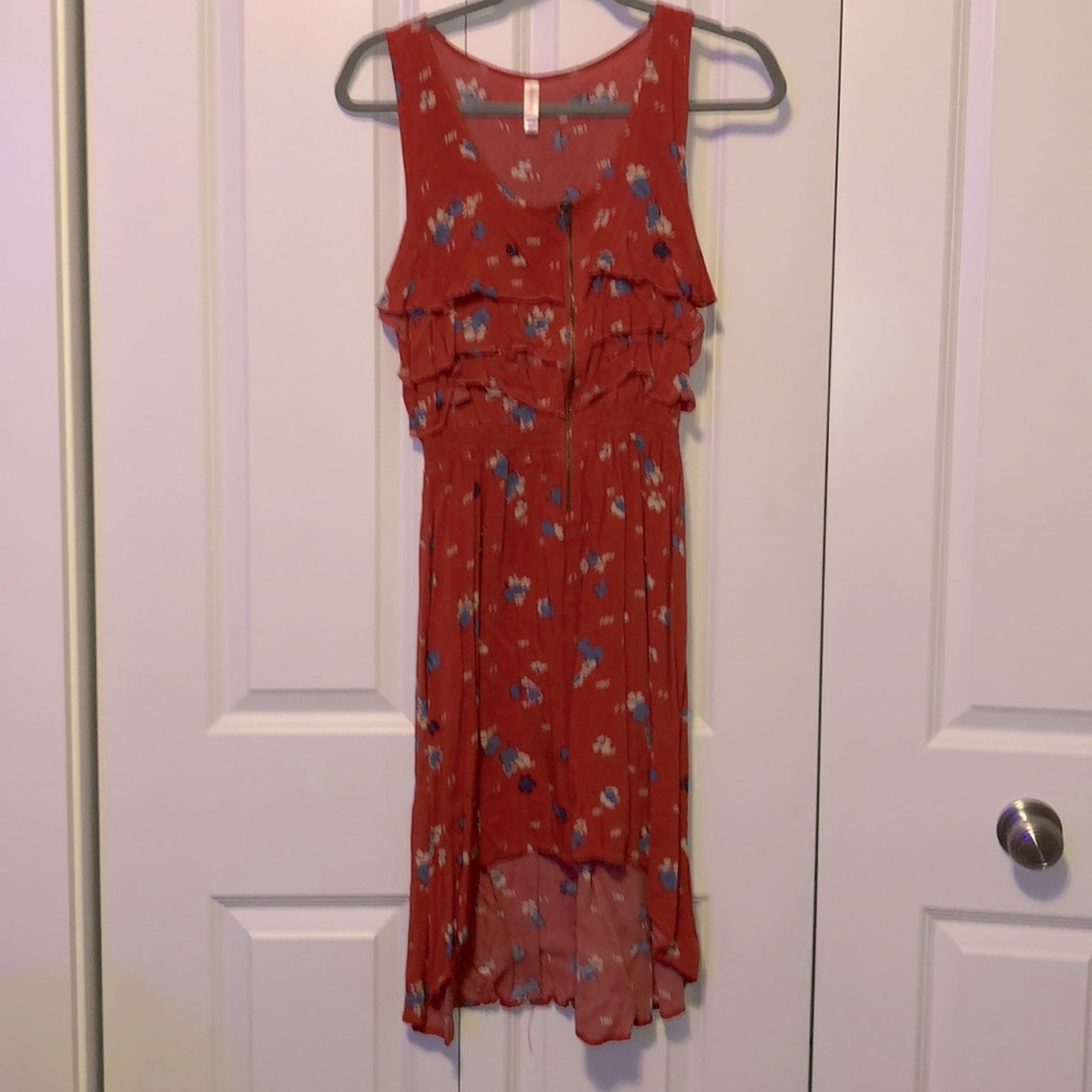 Red with blue+white flower petals dress